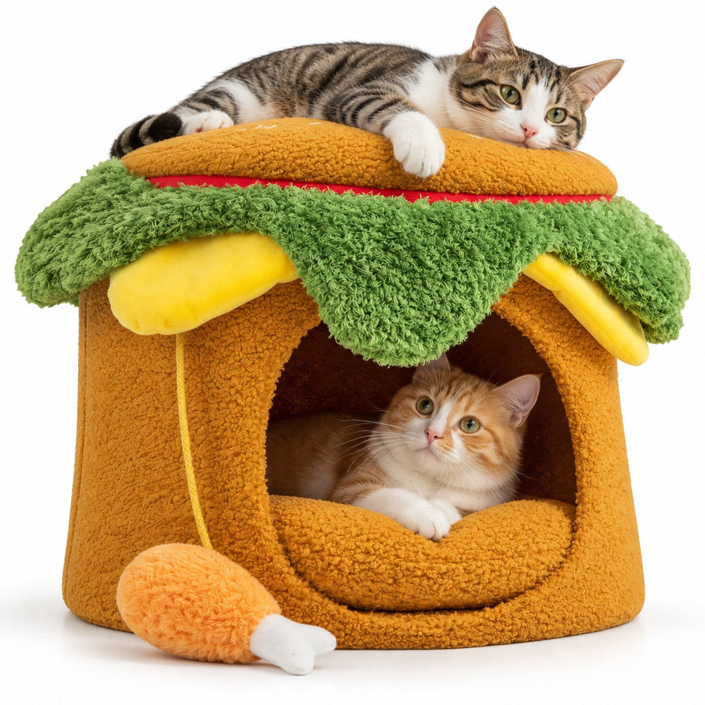 Airfind Hamburger Cat Nest with Chicken Drumstick Toy and Removable Cushion for Indoor Cats, 155 lbs Capacity, Yellow