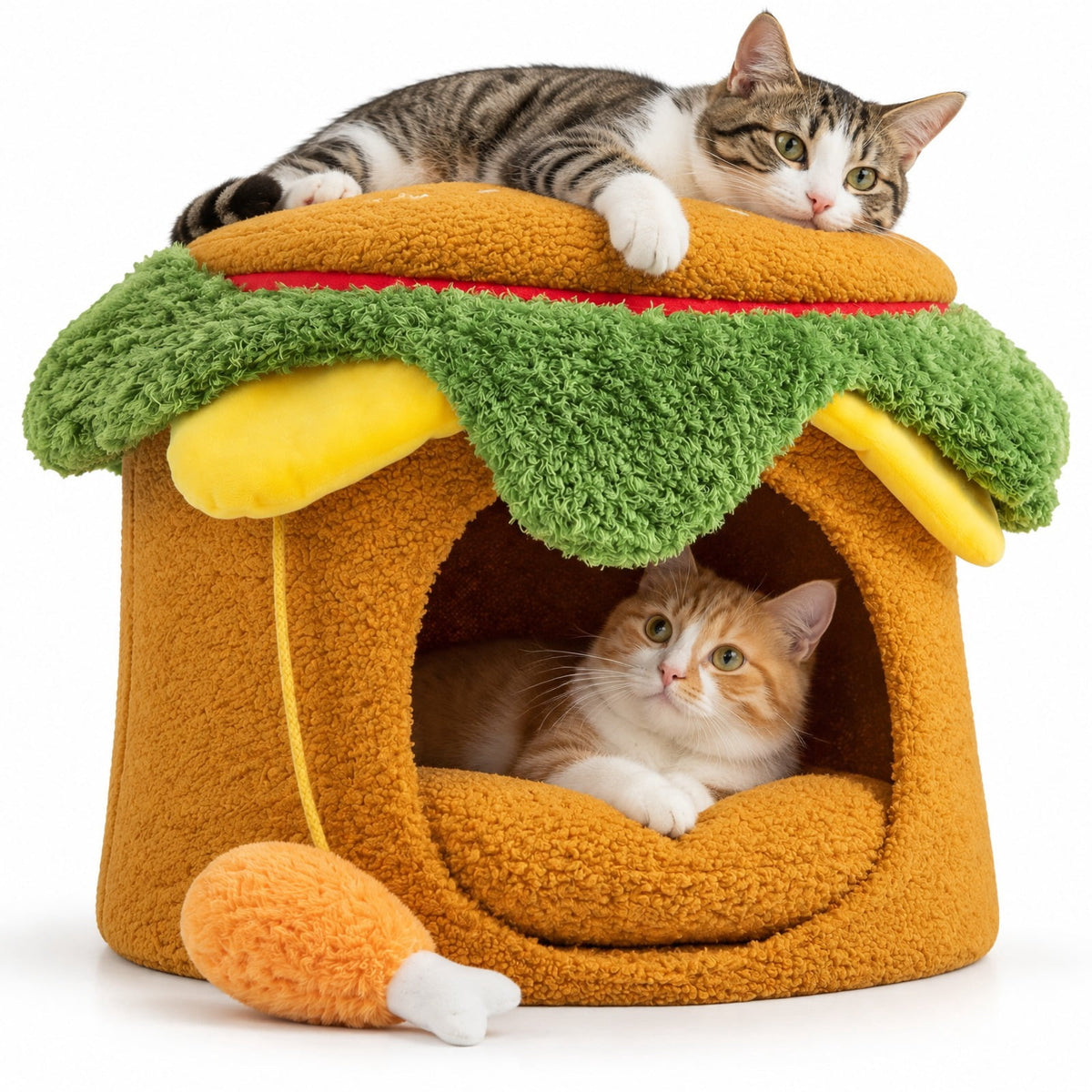 Airfind Hamburger Cat Nest with Chicken Drumstick Toy and Removable Cushion for Indoor Cats, 155 lbs Capacity, Yellow