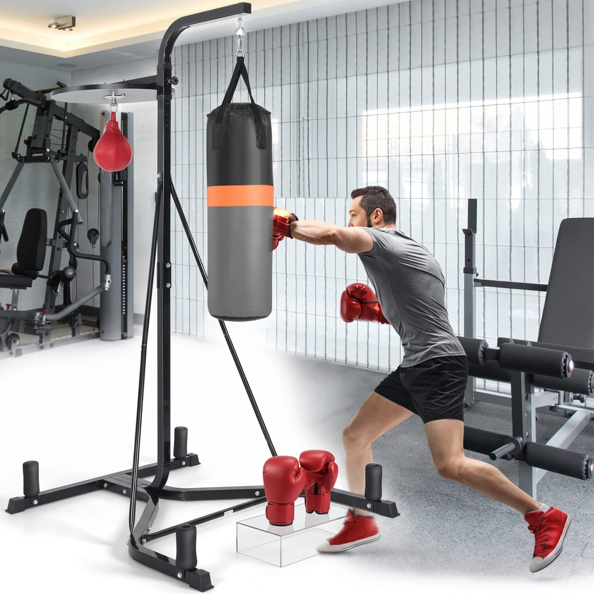 Airfind Heavy Duty Freestanding Boxing Punching Stand with Heavy Bag and Adjustable Speed Bag for Home Gym Strength Training, Grey