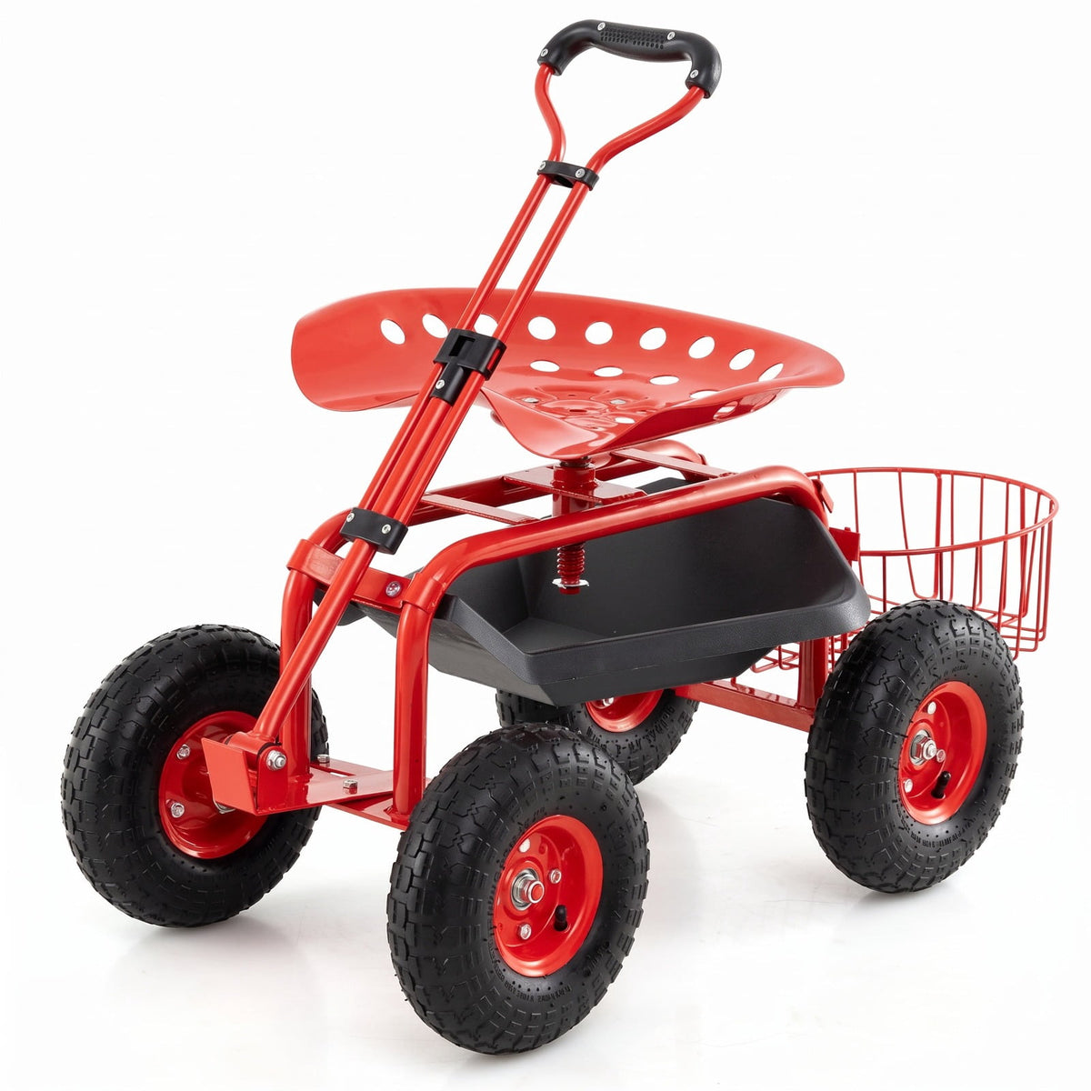 Airfind Heavy Duty Garden Cart with Tool Tray and 360 Swivel Seat, 330 lbs Capacity, Steel Rubber Plastic Frame, 38 x 17 x Footprint, Red