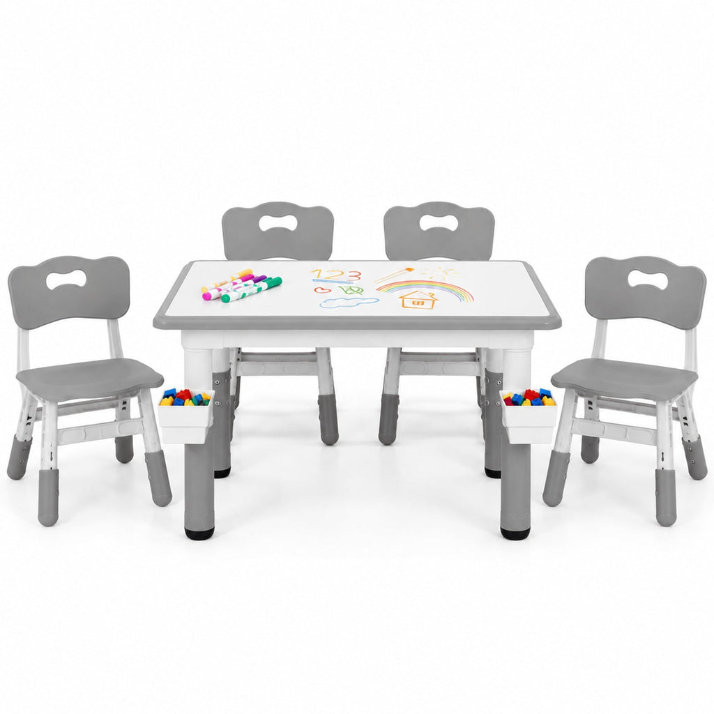 Airfind Height Adjustable Kids Table and 4 Chairs Set with Graffiti Desktop and 2 Storage Baskets, 220 lbs Capacity, Engineered Wood PP Frame, Gray