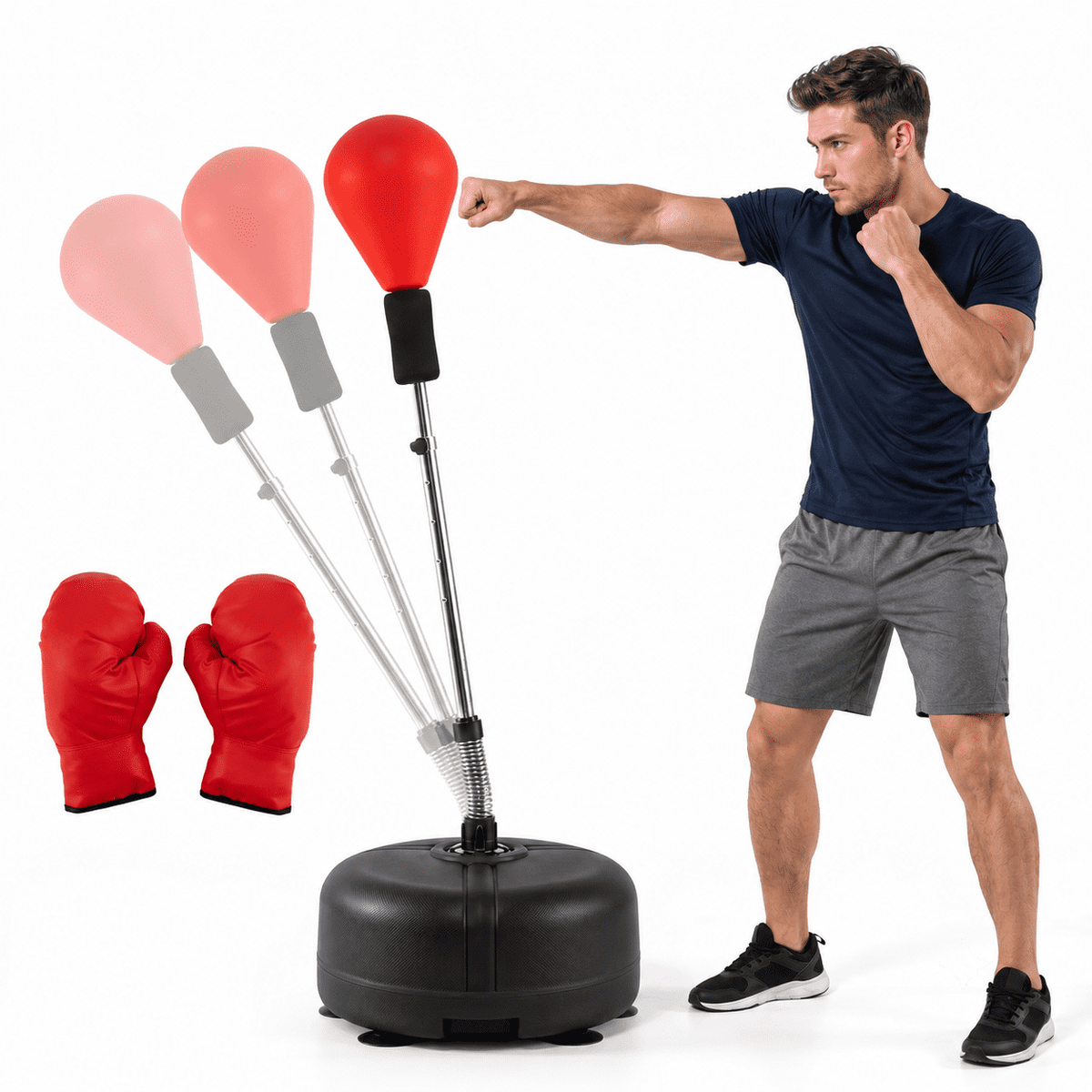 Airfind Height Adjustable Punching Bag with Stand for Teens and Adults, Freestanding Reflex Boxing Bag with Weighted Fillable Base, Gloves and Spring Ball for, Red