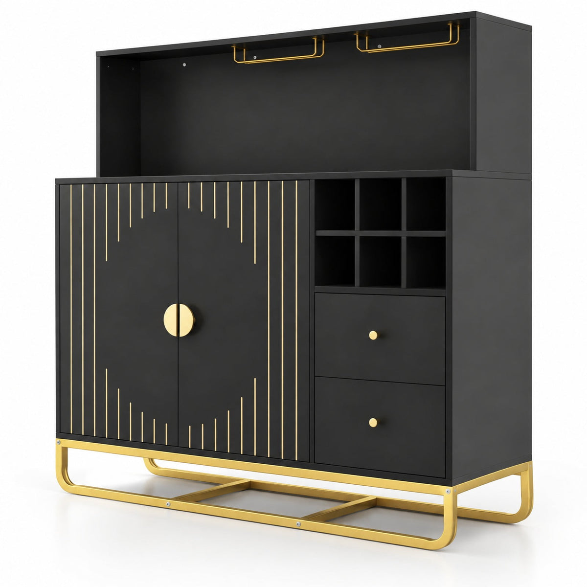 Airfind Home Bar Cabinet with Wine Rack Glass Holder and Adjustable Shelf, 47 Inch x 16 Inch x 48.5 Inch Inner Footprint, Black