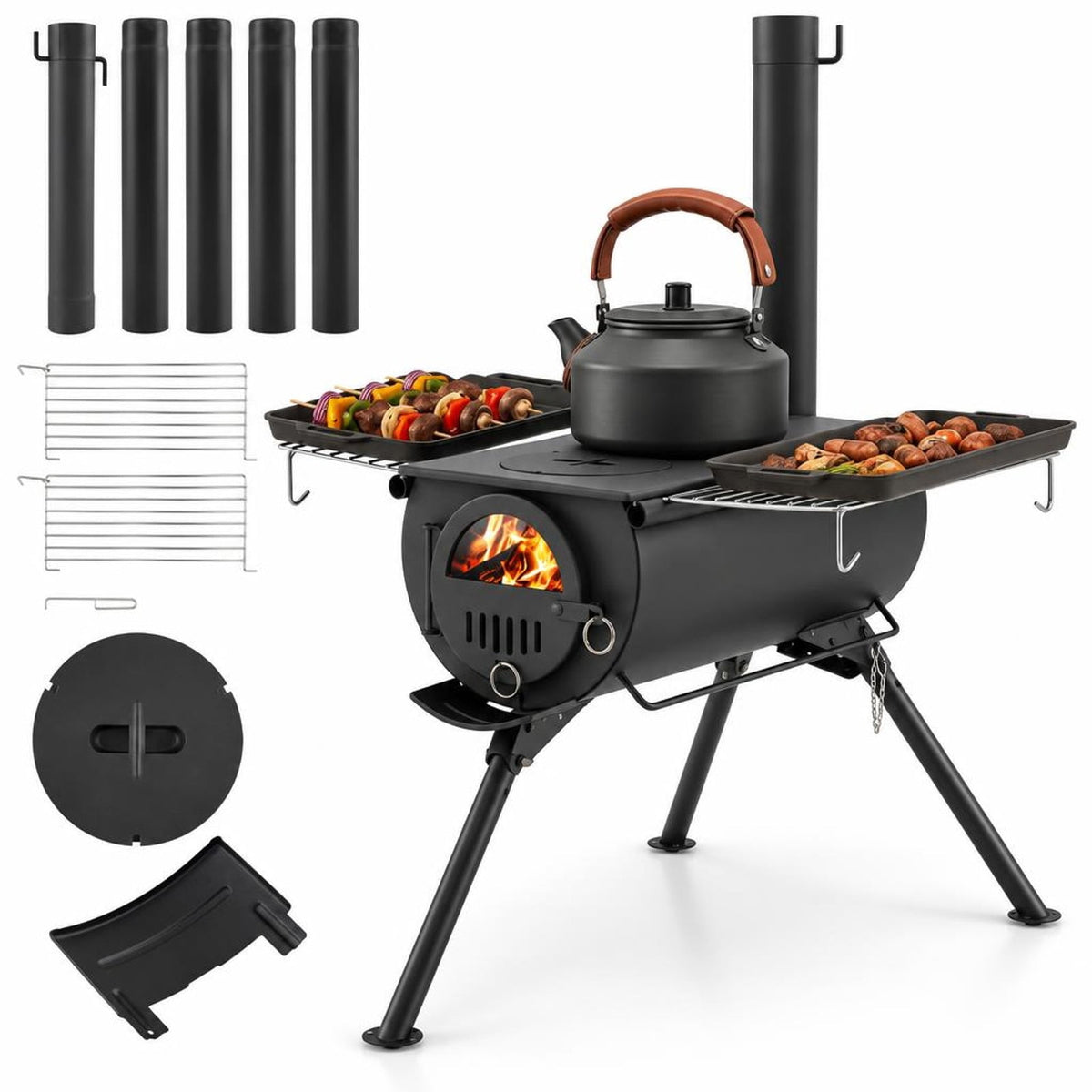 Airfind Hot Tent Stove with Chimney Pipes and Foldable Legs for Outdoor Heating, Carbon Steel Stainless Steel Frame, 33 Inch x 23 Inch x 93 Inch Footprint, Black