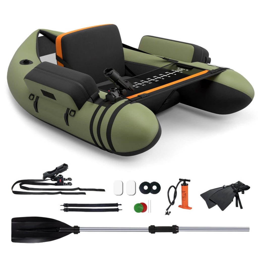Airfind Inflatable Fishing Float Tube with foot pump and fish ruler plus mesh pockets and 350 lb heavy-duty PVC float seat for lake and pond bass fly fishing, Green