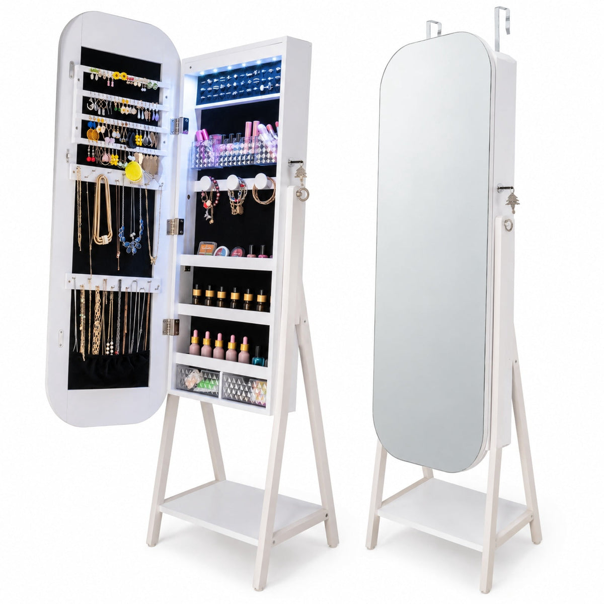 Airfind Jewelry Cabinet with Full-Length Mirror Large Storage Capacity, Engineered Wood Frame, 16.5 x 14.5 x 59 Footprint, White