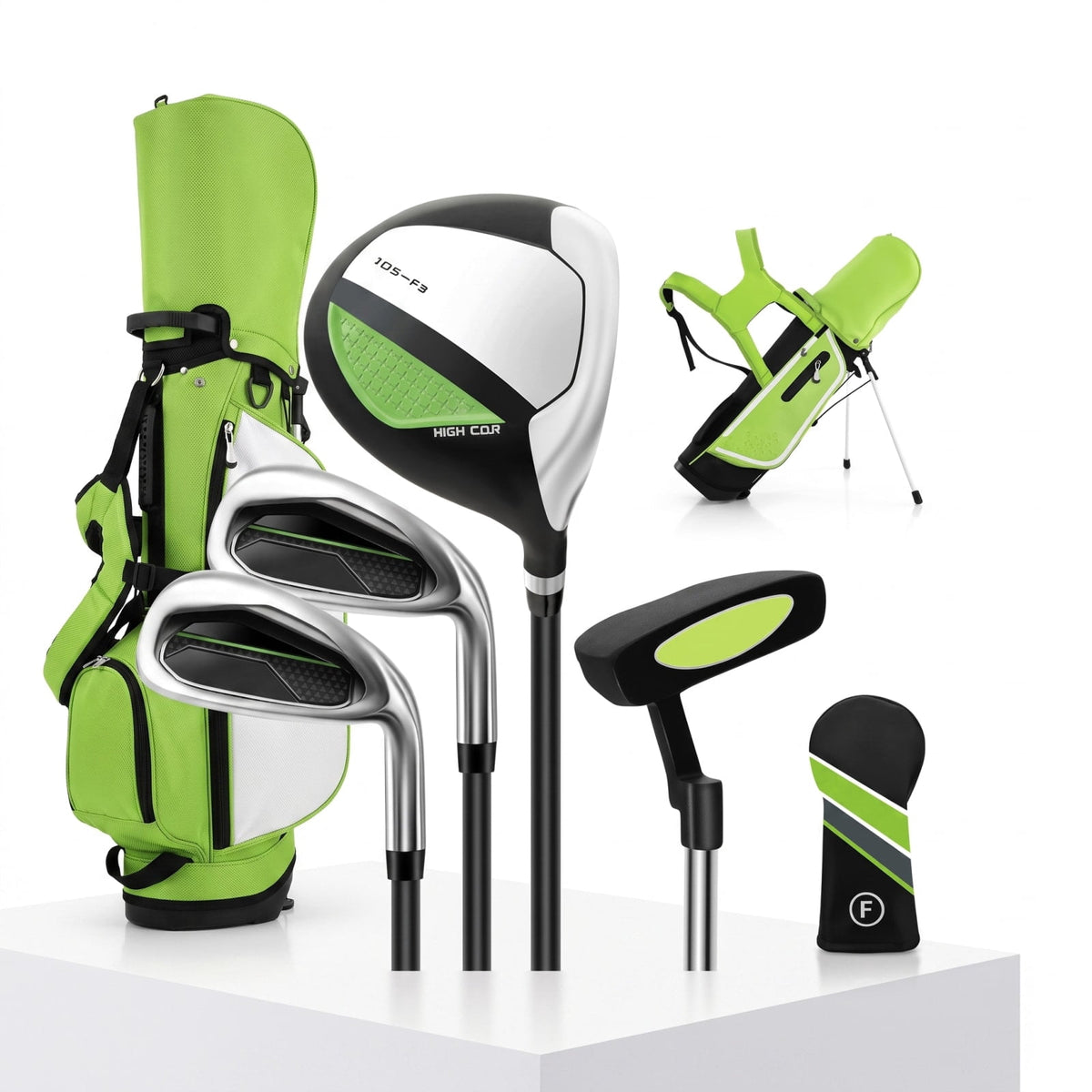 Airfind Junior Complete Golf Club Set Right Hand with Stand Bag Rain Hood and 4 Clubs for Kids Ages 5 to 7 Beginners, Green