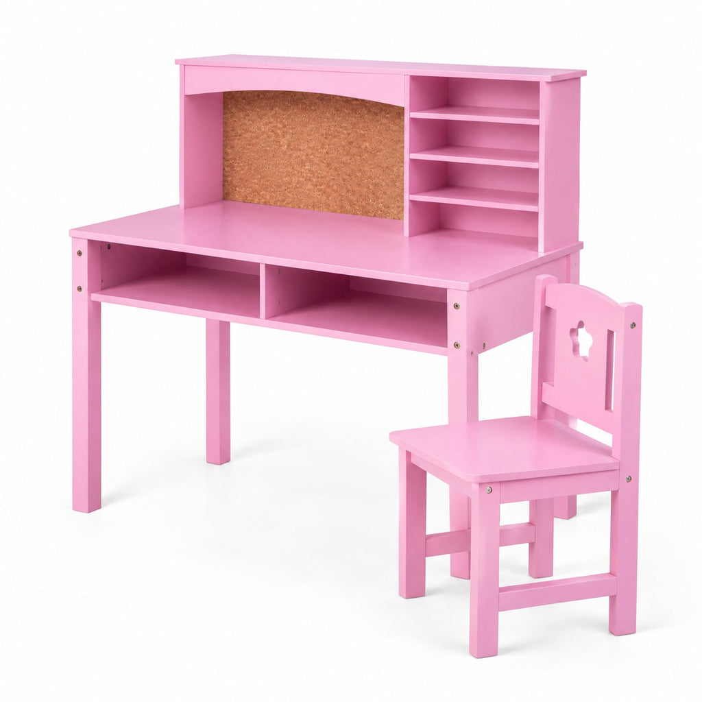 Airfind Kids Desk and Chair Set with Hutch and Bulletin Board for 3+ Kids, MDF Pine Wood Frame, 31 x 15.5 x 33.5 Footprint, Pink