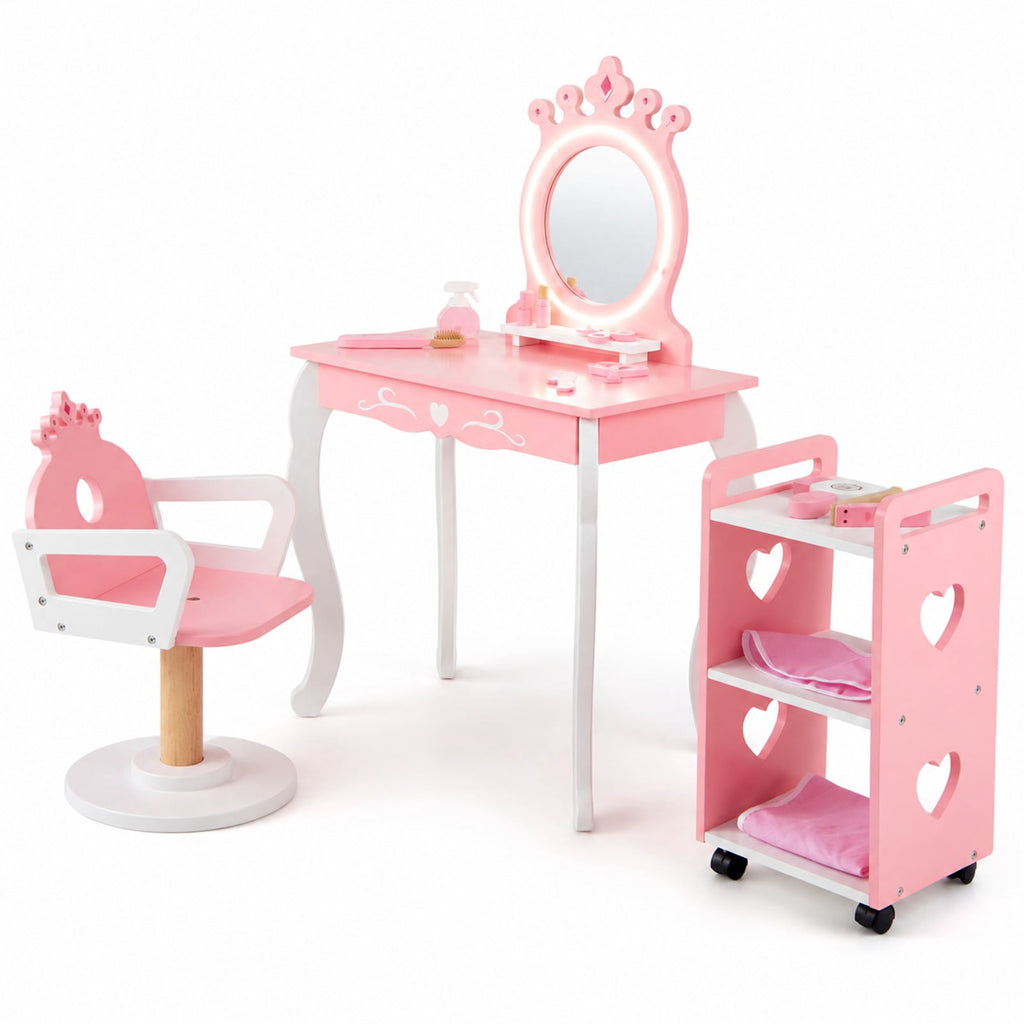 Airfind Kids Hair Salon Play Set with LED Lighted Mirror Wooden Pretend Hair Salon Station with Swivel Barber Chair, 66 lbs Capacity, Pink