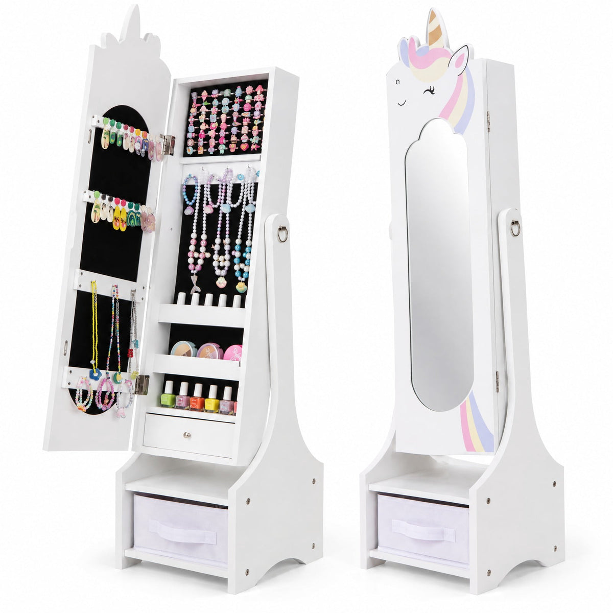Airfind Kids Jewelry Armoire Cabinet with Storage and 2 Tilt Angles, MDF Frame, 12.5 x 12 x 45.5 Footprint, White