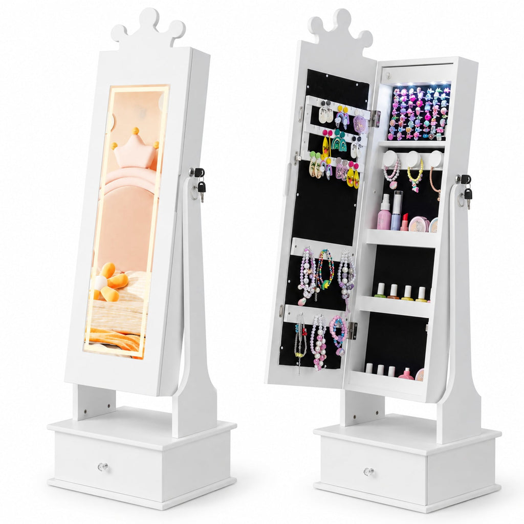 Airfind Youth Jewelry Armoire with 3-Color Lighted Full Length Mirror and Inside Led Lights, MDF Glass, 13.5 Inch X 12 Inch X 45 Inch Full-length, White