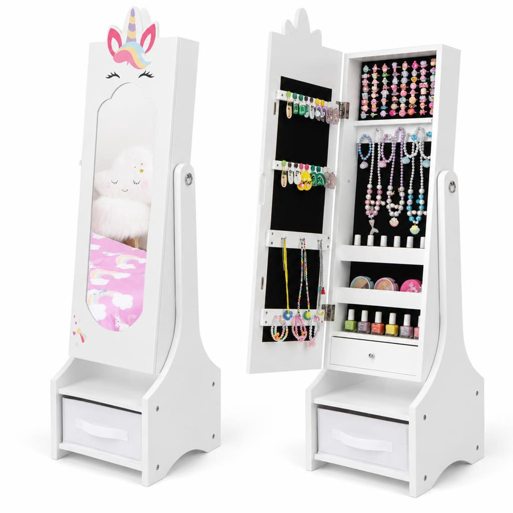 Airfind Kids Jewelry Cabinet with Full-Length Mirror for Kids Bedroom and Playroom, MDF Frame, 12.5 Inch x 12 Inch x 45.5 Inch Footprint, White
