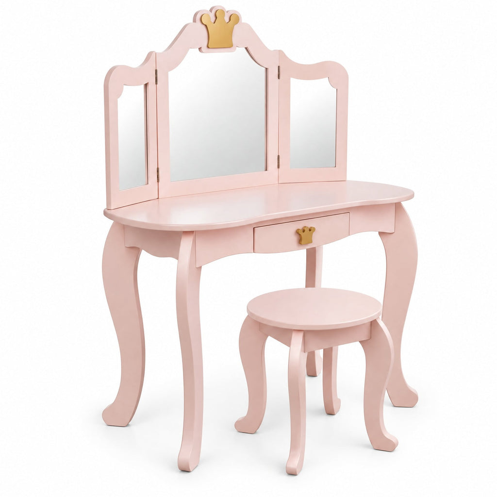 Airfind Kids Makeup Dressing Table with Tri-folding Mirror and Stool, 33 lbs Capacity, MDF pine Frame, 31.5in x 16.5in x 41.5in Footprint, Pink