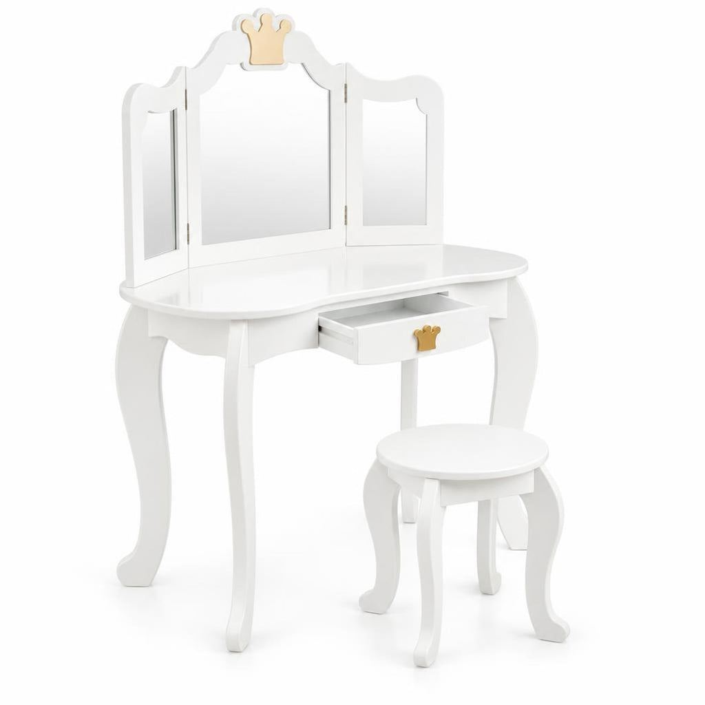 Airfind Kids Makeup Dressing Table with Tri-folding Mirror and Stool, 33 lbs Capacity, MDF pine Frame, 31.5in x 16.5in x 41.5in Footprint, White
