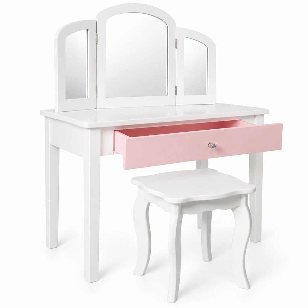 Airfind Kids Princess Make Up Dressing Table with Tri-folding Mirror and Chair, 33 lbs Capacity, MDF Frame, 27.5 x 13.5 x 37.5 Footprint, White