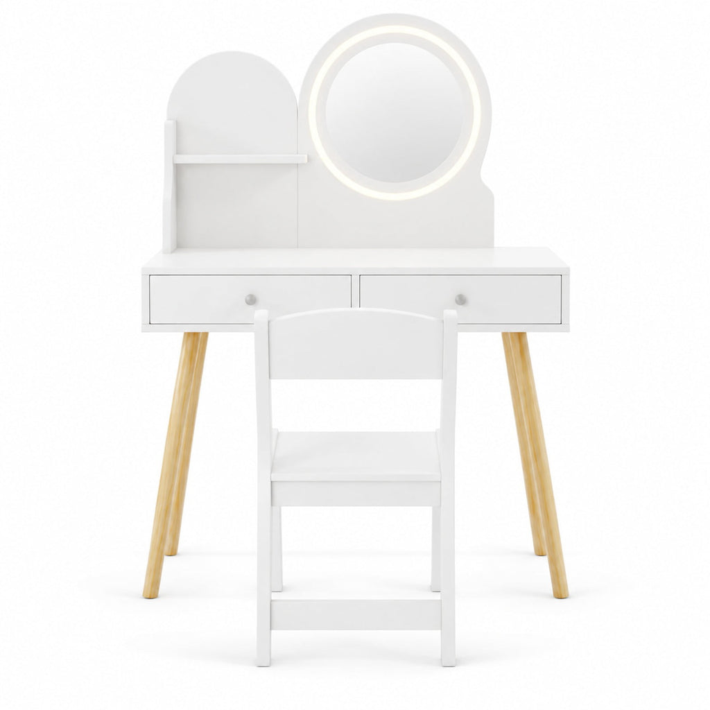 Airfind Kids Princess Makeup Dressing Desk and Chair Set with Mirror and Lights, 110 lbs Capacity, MDF Frame, for 3+ years old, White