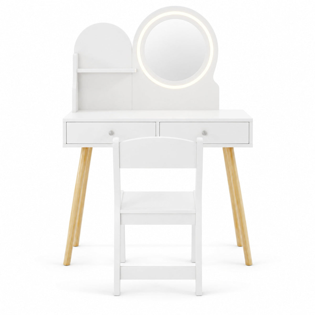 Airfind Kids Princess Makeup Dressing Desk and Chair Set with Mirror and Lights, 110 lbs Capacity, MDF Frame, for 3+ years old, White