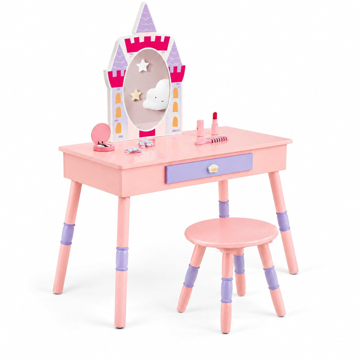 Airfind Kids Princess Vanity Table and Stool Set with Drawer and Mirror, 66 lbs Capacity, MDF Silver Frame, for 3+ Years old, Pink