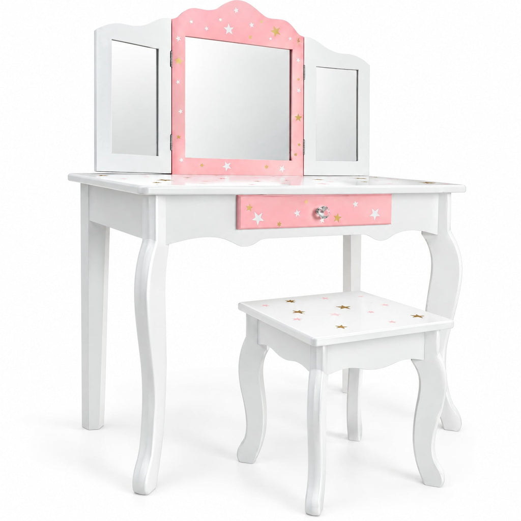 Airfind Kids Princess Vanity Table and Stool Set with Tri-folding Mirror and Drawer, 44 lbs Capacity, MDF Frame, White
