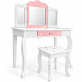 Airfind Kids Princess Vanity Table and Stool Set with Tri-folding Mirror and Drawer, 44 lbs Capacity, MDF Frame, White