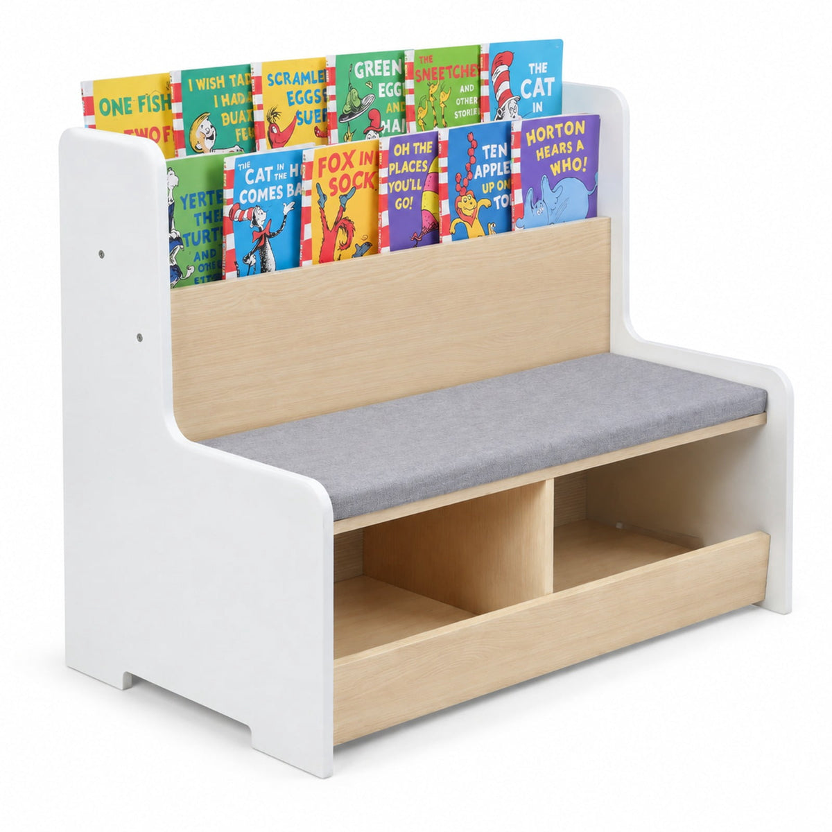 Airfind Kids Reading Nook with Bench Bookshelf and 2 Cubbies, 132 lbs Capacity, MDF Fabric Sponge Frame, White