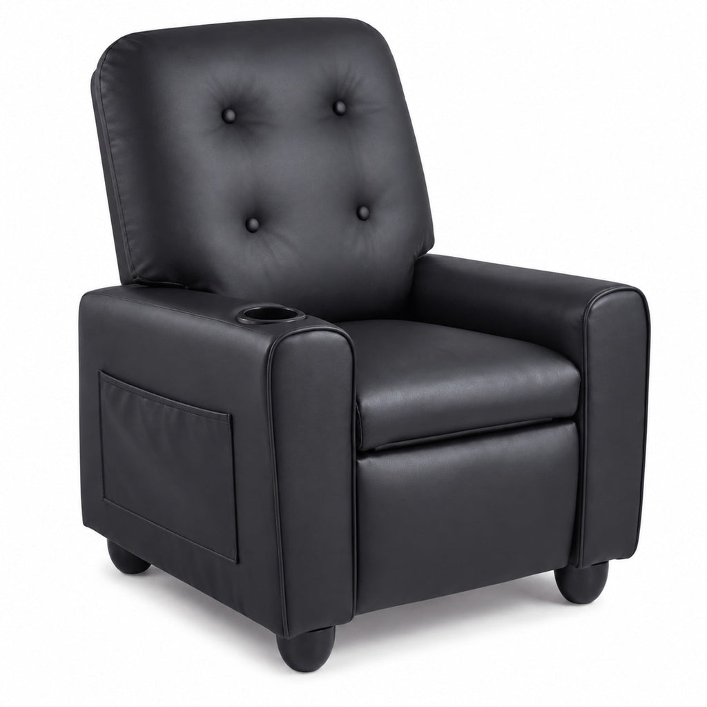 Airfind Youth Recliner Chair with Cup Holder, Side Pocket and Push-Back Footrest, PU Upholstery with Wood, Foam, PU Upholstery, and Metal, Black