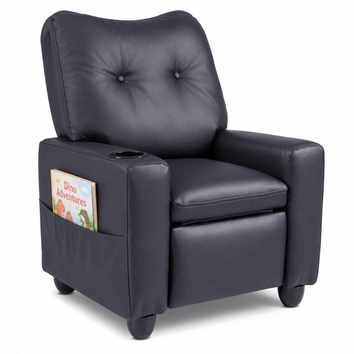 Airfind Youth Recliner featuring Cup Holder Armrests and Adjustable Backrest for Playroom, Wood Frame, 24 Inch x 21 Inch x 30 Inch Lying Footprint, Black