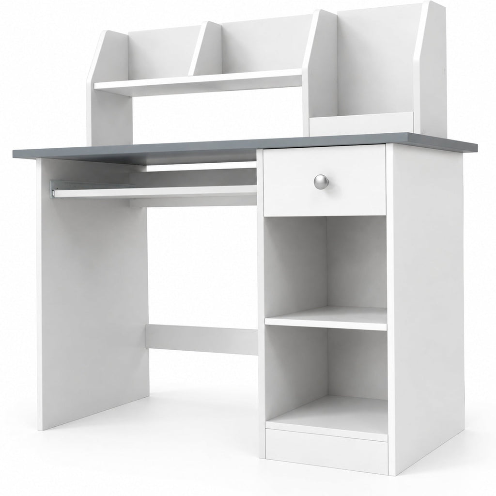 Airfind Kids Study Desk Children Writing Table with Hutch Drawer Shelves and Keyboard Tray, 200 lbs Capacity, Engineered Wood Frame, Grey