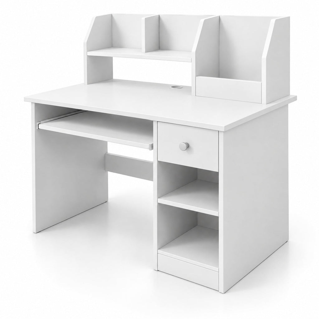 Airfind Youth Study Desk Youth Writing Table with Hutch Drawer Shelves and Keyboard Tray, 200 Lbs Capacity, Engineered Wood, White
