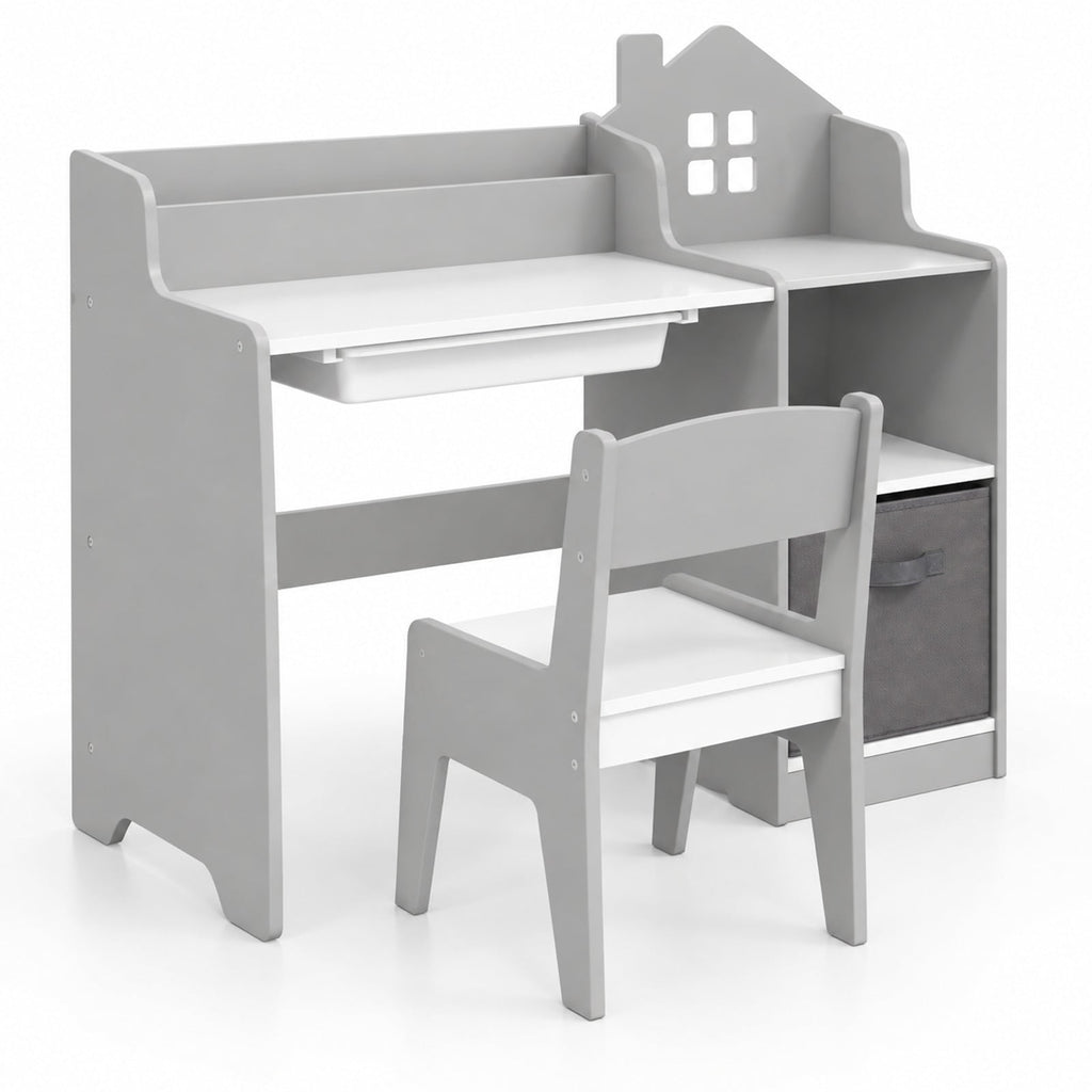 Airfind Kids Study Desk and Chair Set with Open Shelves Drawer and Fabric Storage Bin, 44 lbs Capacity, MDF Non-woven Fabric Desk Frame, Gray