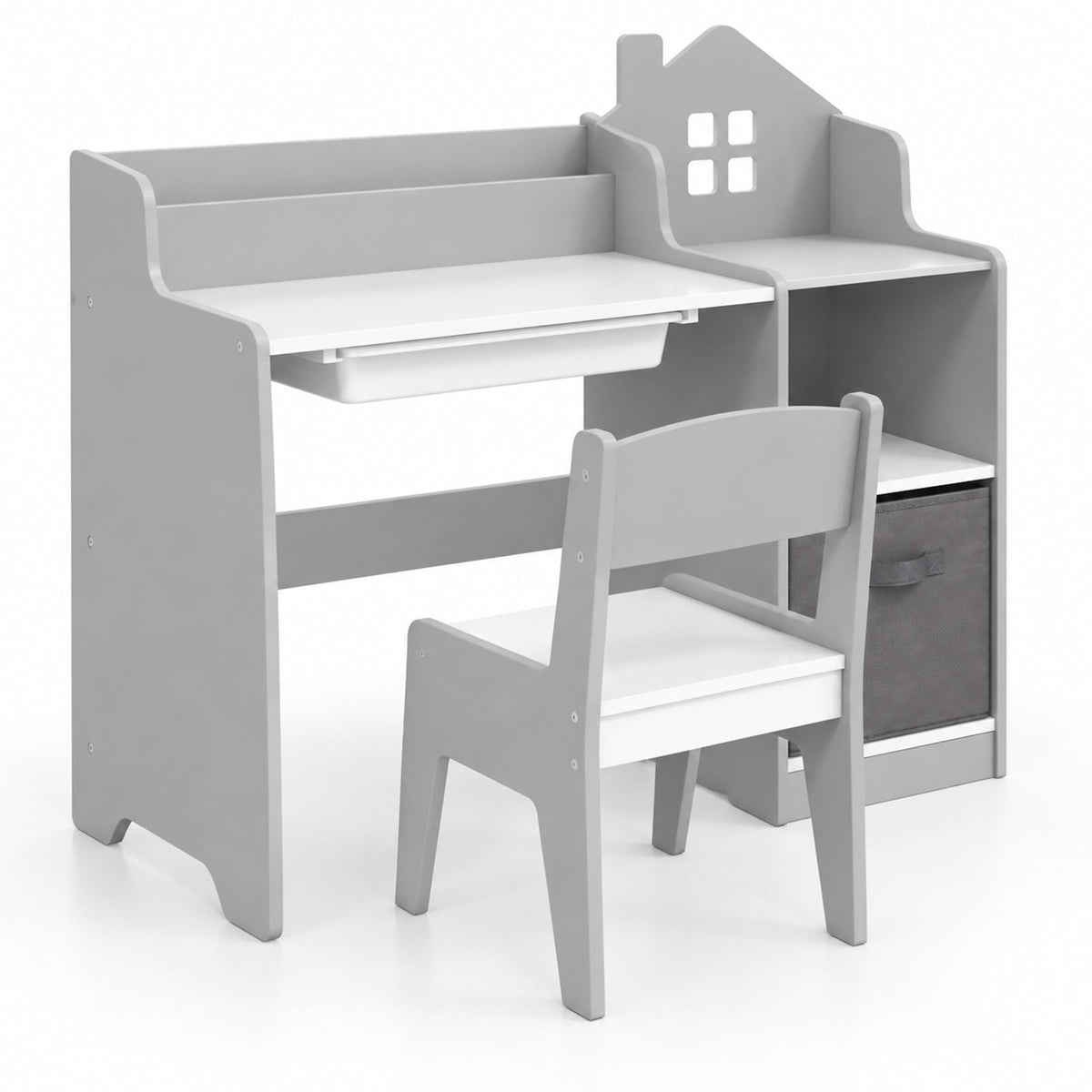 Airfind Kids Study Desk and Chair Set with Open Shelves Drawer and Fabric Storage Bin, 44 lbs Capacity, MDF Non-woven Fabric Desk Frame, Gray