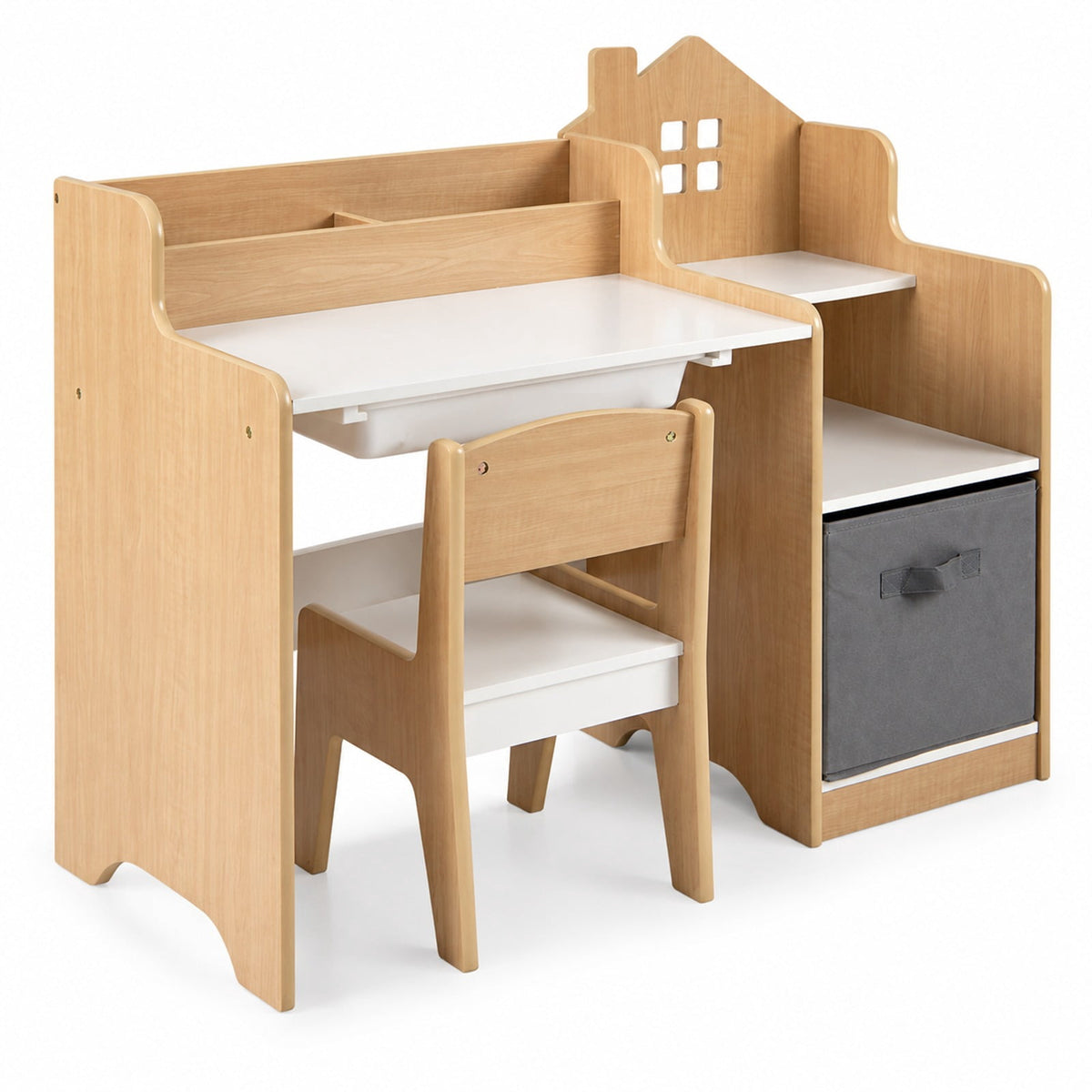 Airfind Kids Study Desk and Chair Set with Open Shelves Drawer and Fabric Storage Bin, 44 lbs Capacity, MDF Non-woven Fabric Desk Frame, Natural
