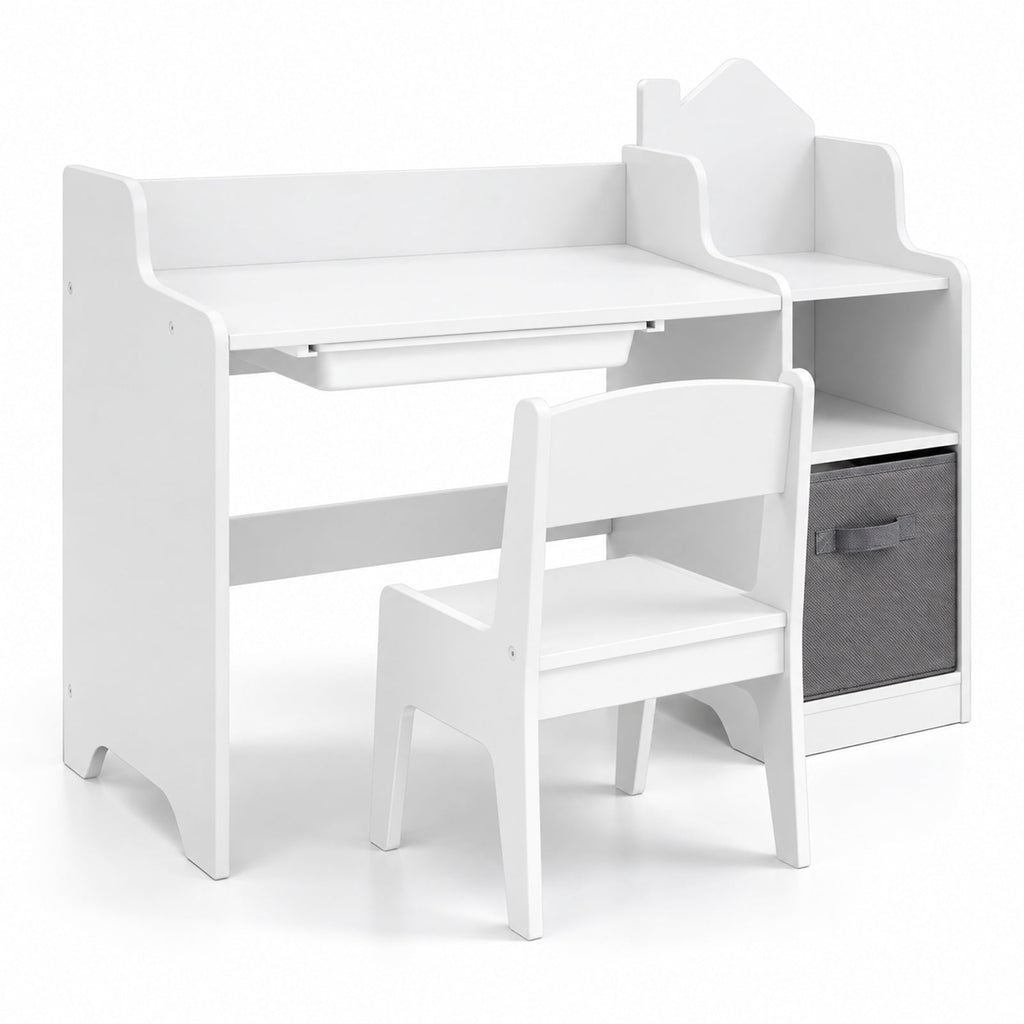 Airfind Kids Study Desk and Chair Set with Open Shelves Drawer and Fabric Storage Bin, 44 lbs Capacity, MDF Non-woven Fabric Desk Frame, White