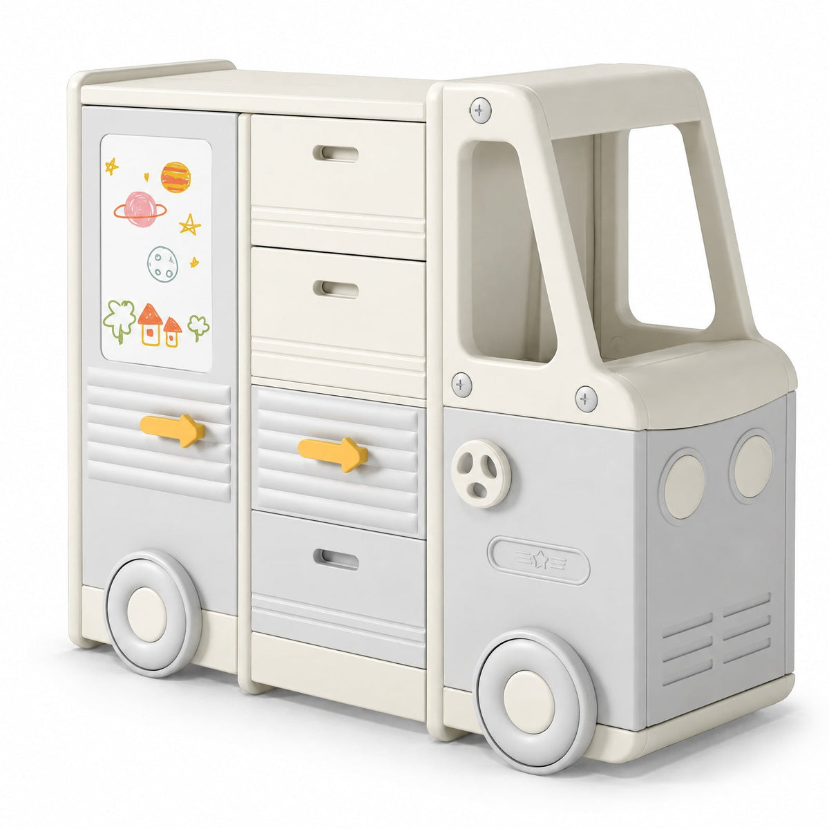 Airfind Kids Toy Storage Organizer Bus-shaped Children Cabinet with 4 Pull-out Drawers with Handles, 180 lbs Capacity, HDPE PP Frame, Grey
