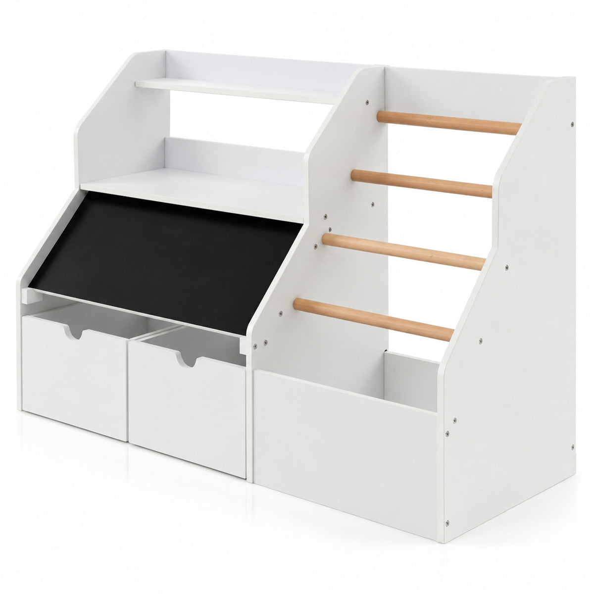 Airfind Kids Toy Storage Organizer with Flip-up Blackboard, Engineered Wood Pine Wood Frame, for 3+ Years Old, 41 Inch x 16 Inch x 28 Inch Footprint, White