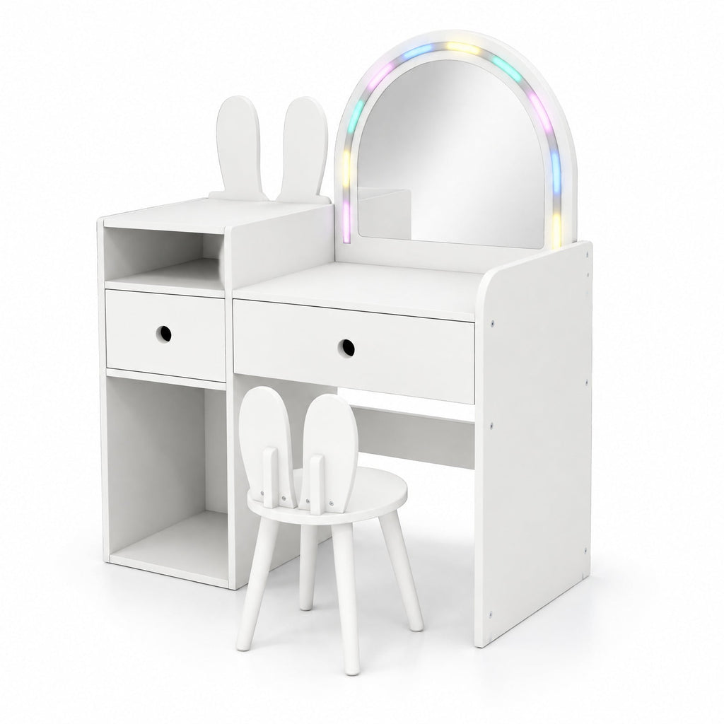 Airfind Kids Vanity Desk and Chair Set with Lights Open Shelves, 110 lbs Capacity, MDF Frame, 31.5 x 15.5 x 37.5 Tabletop Footprint, White