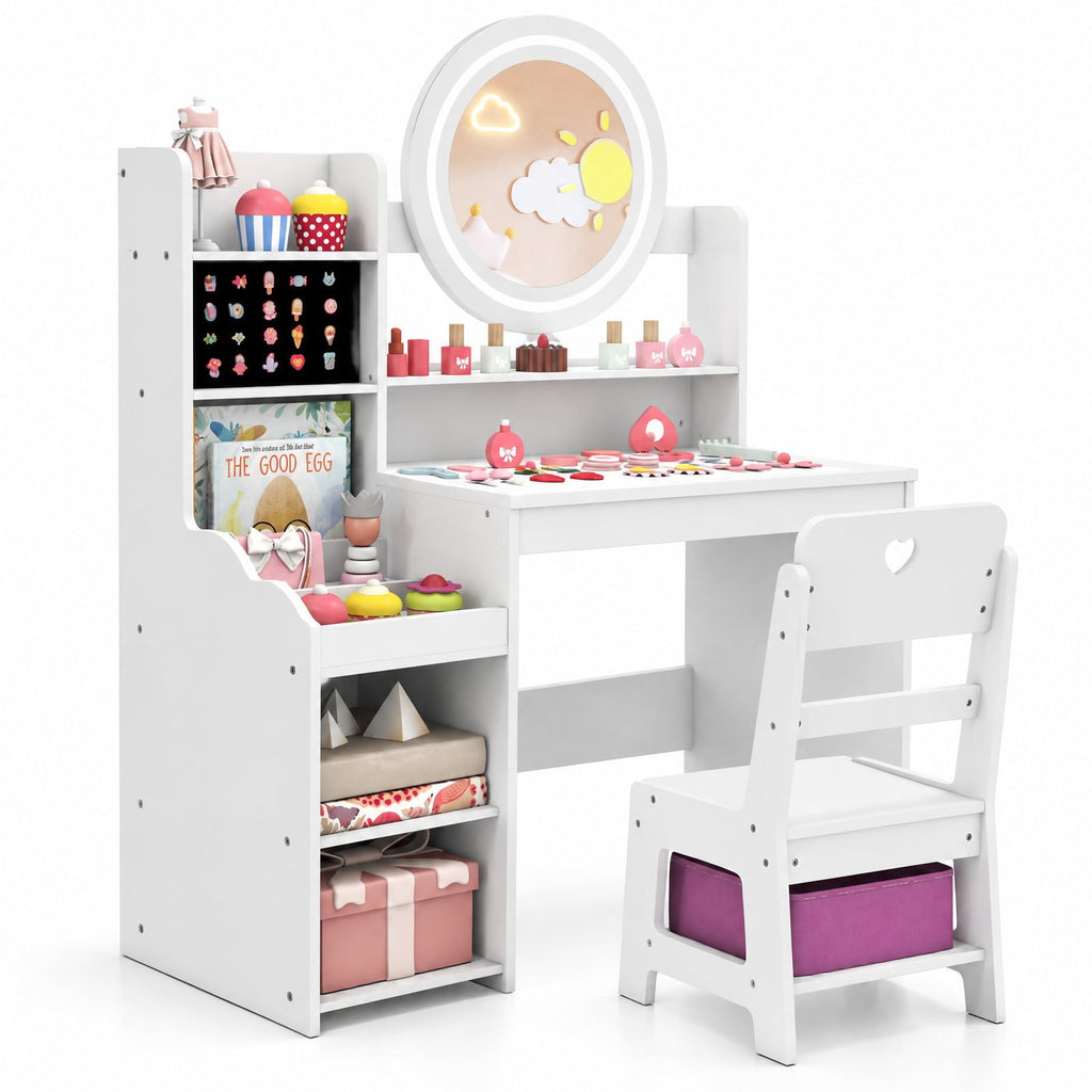 Airfind Kids Vanity Desk with Mirror and Lights Princess Pretend Play Dressing Table and Chair Set, 66 lbs Capacity, MDF Frame, for 3+ years old