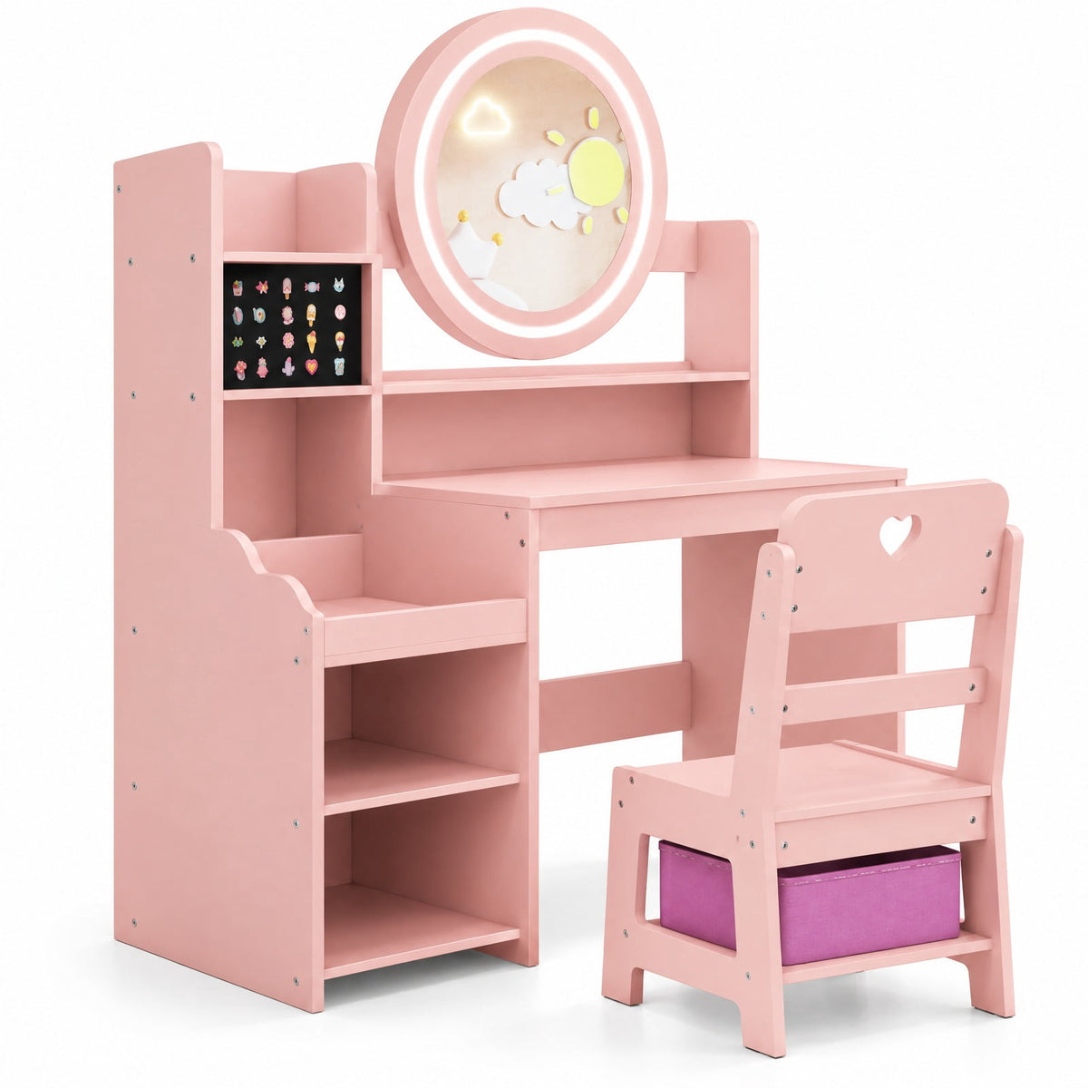 Airfind Kids Vanity Desk with Mirror and Lights Princess Pretend Play Dressing Table and Chair Set, 66 lbs Capacity, MDF Frame, for 3+ years old