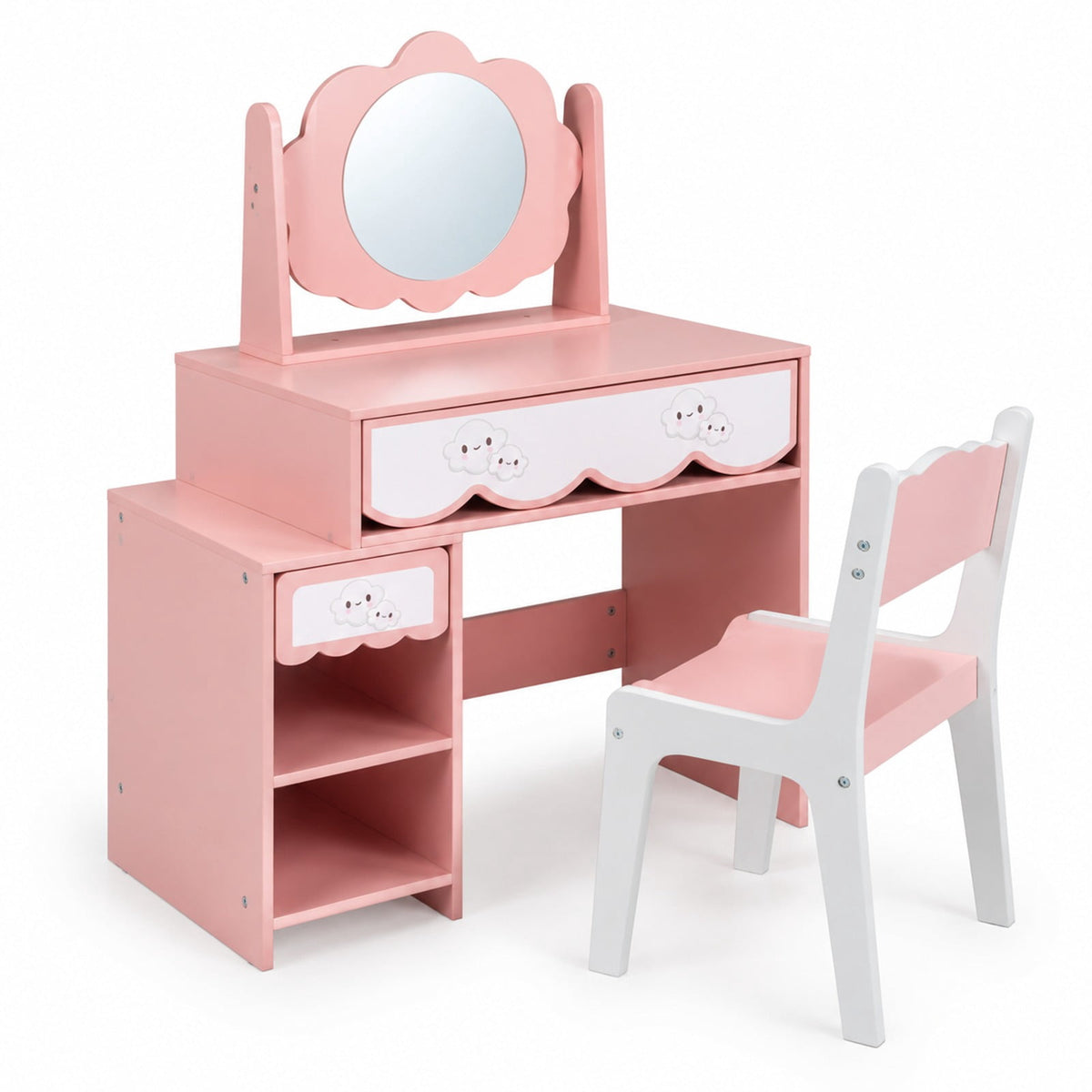 Airfind Kids Vanity Set with 360° Rotating Mirror Chair for Girls, 110 lbsChair Capacity, Engineered Wood GlassTable Frame, Pink