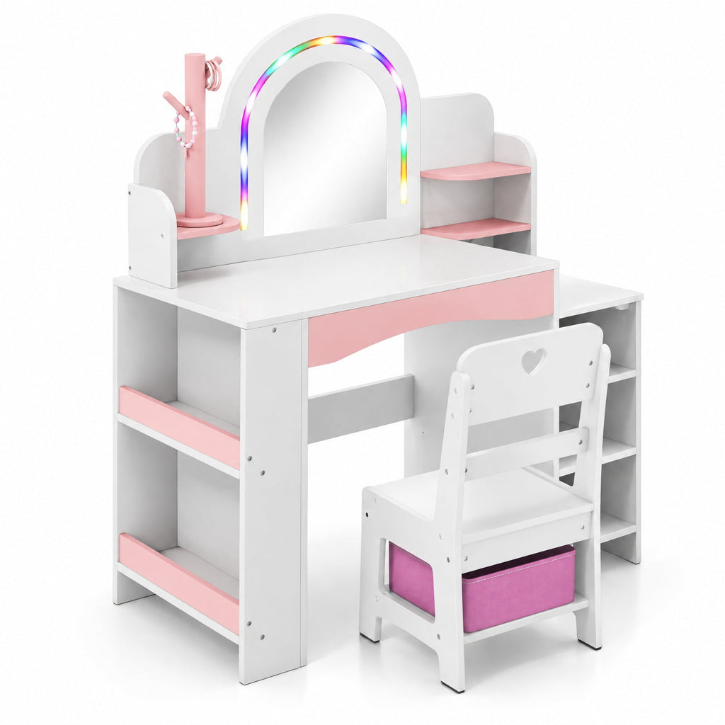 Airfind Kids Vanity Set with Colorful LED Lights Princess Makeup Dressing Table with Chair, 110 lbs Capacity, MDF Frame, 34in x 15.5in x 41in Footprint