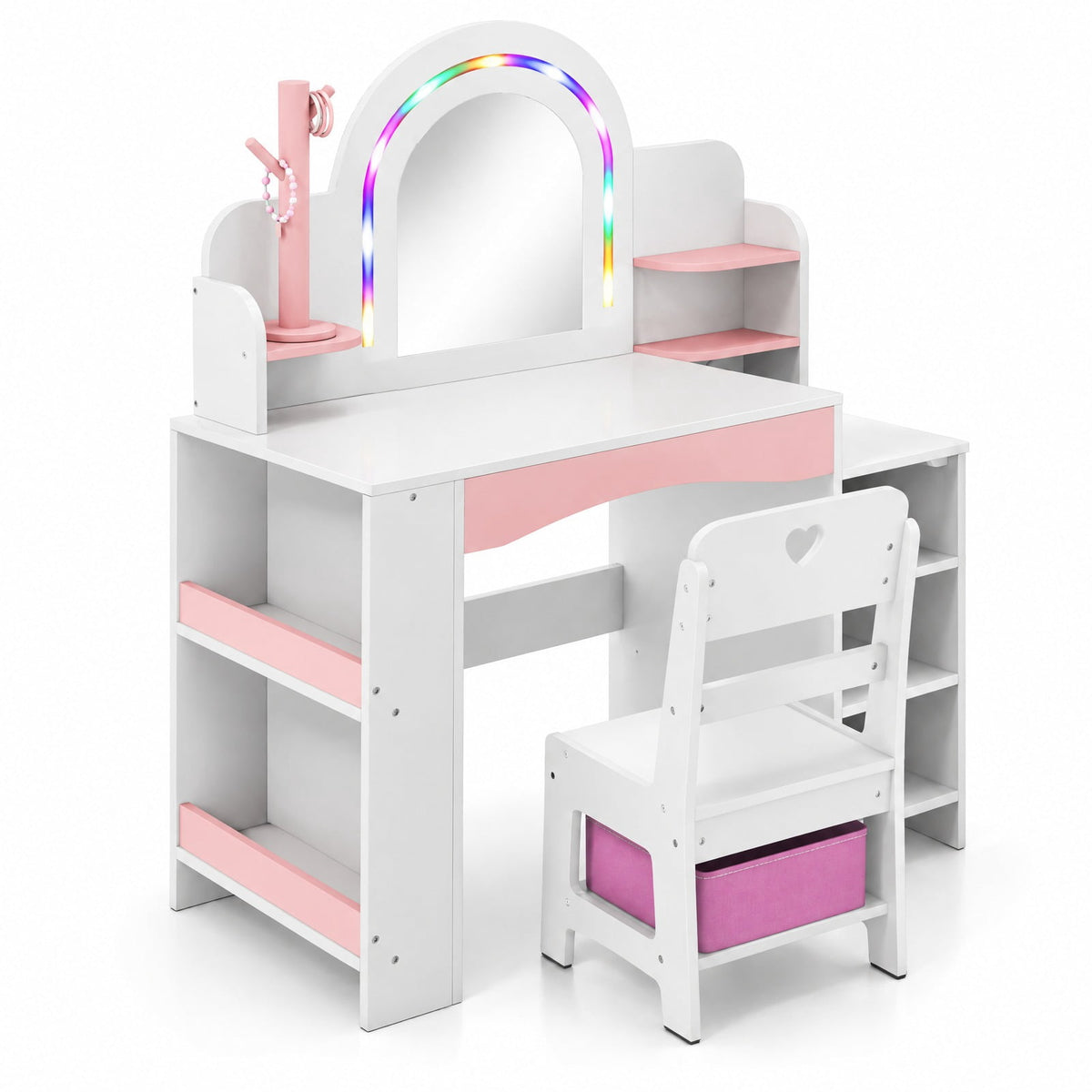 Airfind Kids Vanity Set with Colorful LED Lights Princess Makeup Dressing Table with Chair, 110 lbs Capacity, MDF Frame, 34in x 15.5in x 41in Footprint