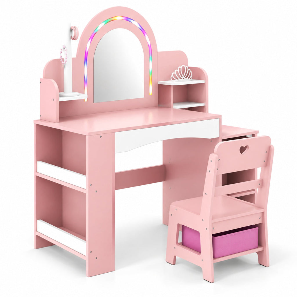 Airfind Kids Vanity Set with Colorful LED Lights Princess Makeup Dressing Table with Chair, 110 lbs Capacity, MDF Frame, 34in x 15.5in x 41in Footprint