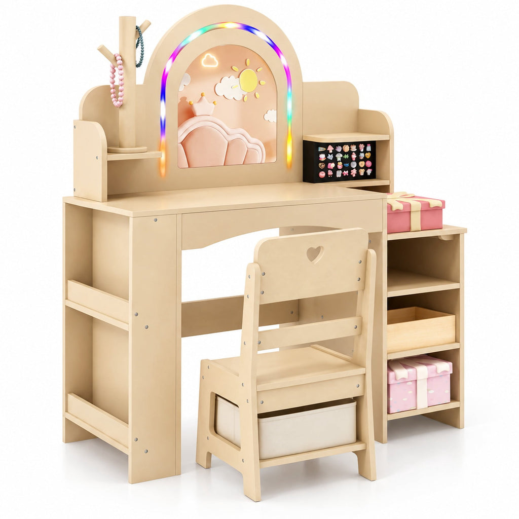 Airfind Kids Vanity Set with Colorful LED Lights Princess Makeup Dressing Table with Chair, 110 lbs Capacity, MDF Frame, 34in x 15.5in x 41in Footprint