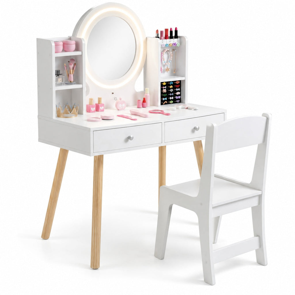 Airfind Kids Vanity Set with Lighted Mirror and Storage Drawers, 110 lbs Capacity, Engineered Wood Frame, for 3+ years old, White