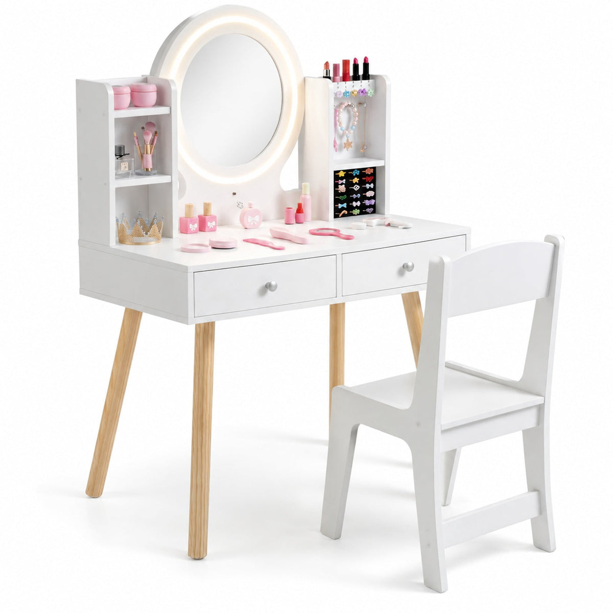 Airfind Kids Vanity Set with Lighted Mirror and Storage Drawers, 110 lbs Capacity, Engineered Wood Frame, for 3+ years old, White