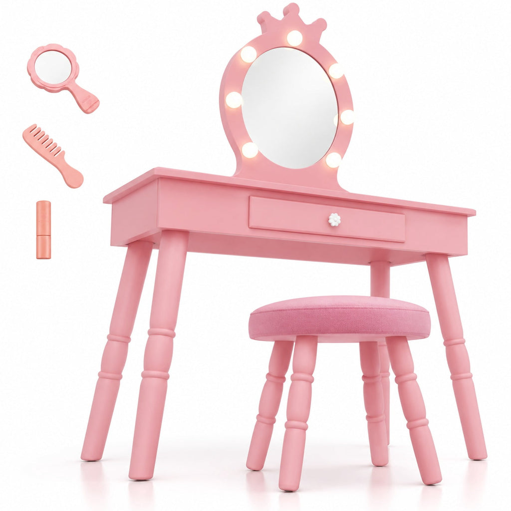 Airfind Kids Vanity Set with Lighted Mirror with Adjustable Brightness and Large Drawer, 110 lbs Capacity, MDF Frame, for 3-7 Years Old, Pink