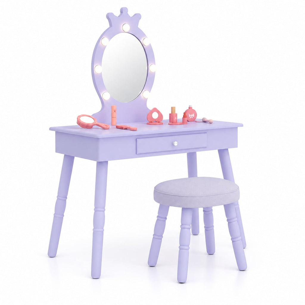 Airfind Kids Vanity Set with Lighted Mirror with Adjustable Brightness and Large Drawer, 110 lbs Capacity, MDF Frame, for 3-7 Years Old, Purple