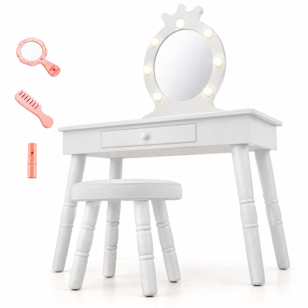 Airfind Kids Vanity Set with Lighted Mirror with Adjustable Brightness and Large Drawer, 110 lbs Capacity, MDF Frame, for 3-7 Years Old, White