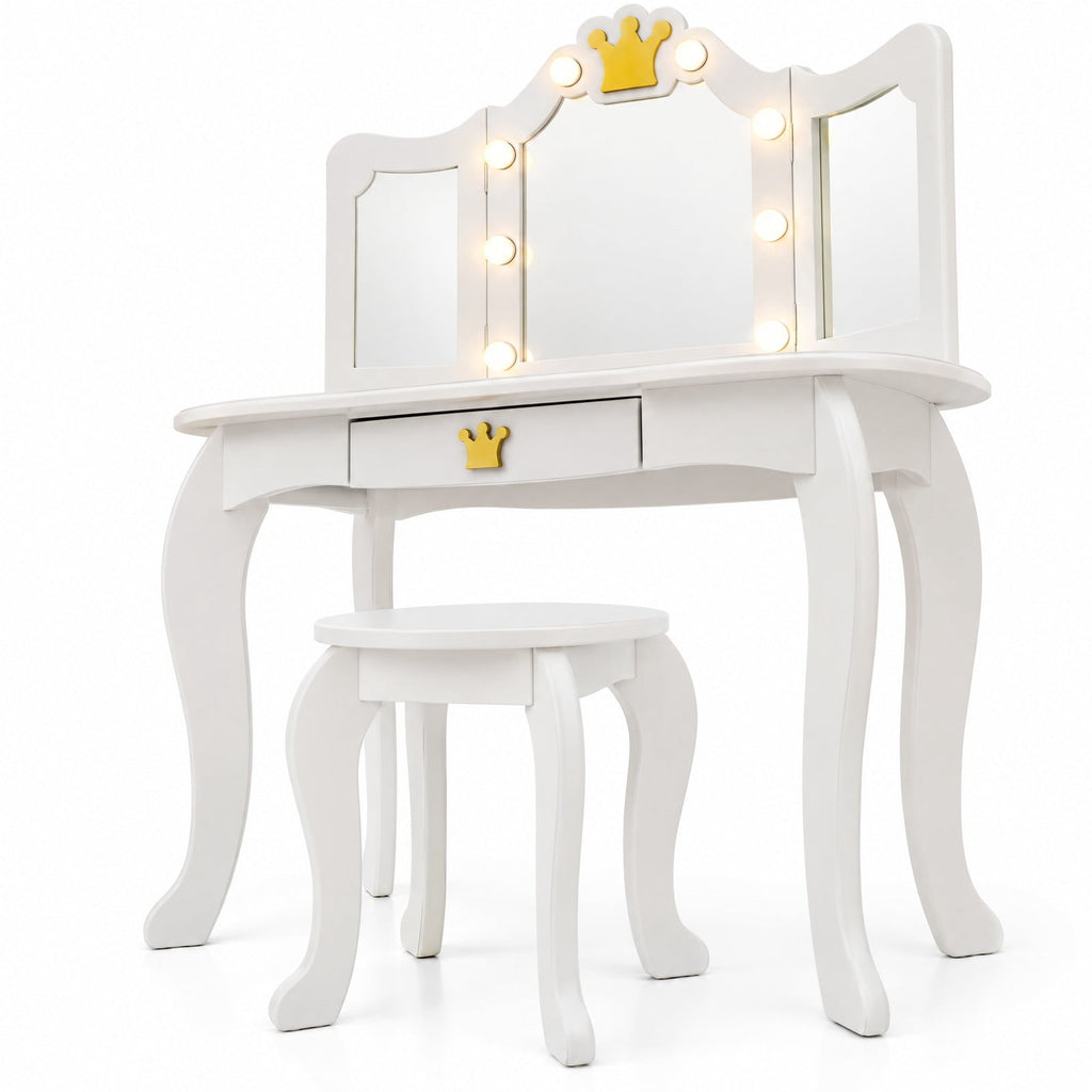 Airfind Kids Vanity Set with Tri-fold Lighted Mirror Detachable Top and Stool, 110 lbs Capacity, MDF Frame, for 3-7 Years Old, White
