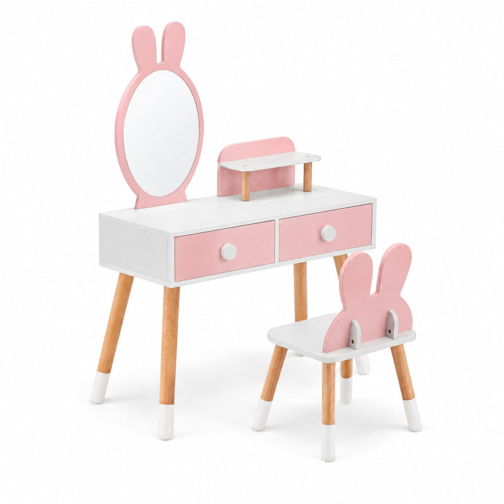 Airfind Kids Vanity Table and Chair Set with Drawer Shelf and Rabbit Mirror, 66 lbs Capacity, MDF Beech Wood Frame, Pink